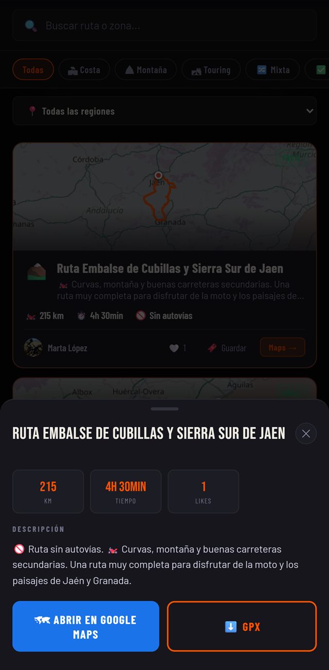 Detalle de una ruta con kilómetros, tiempo, descripción y botones para abrirla en Google Maps o descargar el GPX