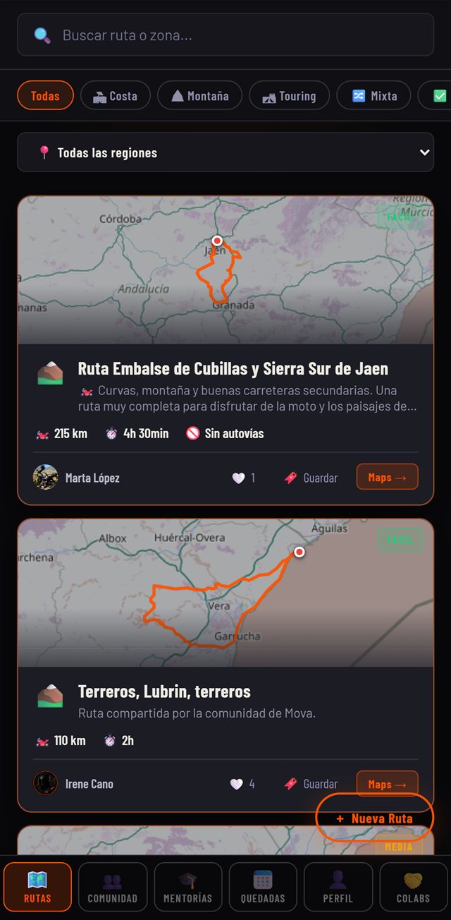 Listado de rutas en moto en la app Curvia, con mapa, kilómetros y tiempo de cada ruta